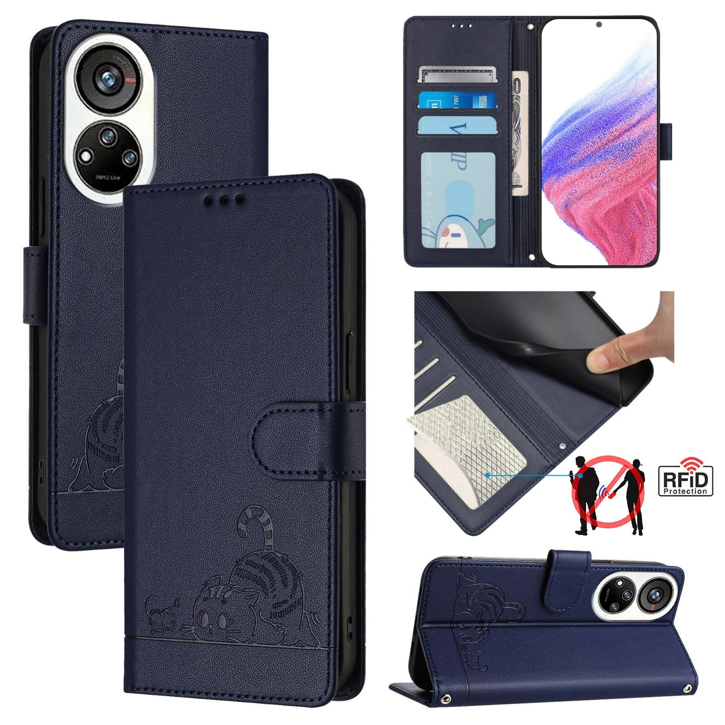 ZTE Blade V40s Cat and Mouse Embossed PU Leather RFID Case with Wallet Slots, Anti-Fall Protection, Kickstand, and Lanyard-buycases.co.uk