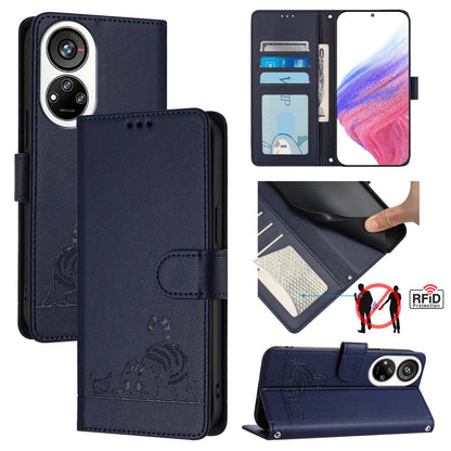 ZTE Blade V40s Cat and Mouse Embossed PU Leather RFID Case with Wallet Slots, Anti-Fall Protection, Kickstand, and Lanyard-buycases.co.uk