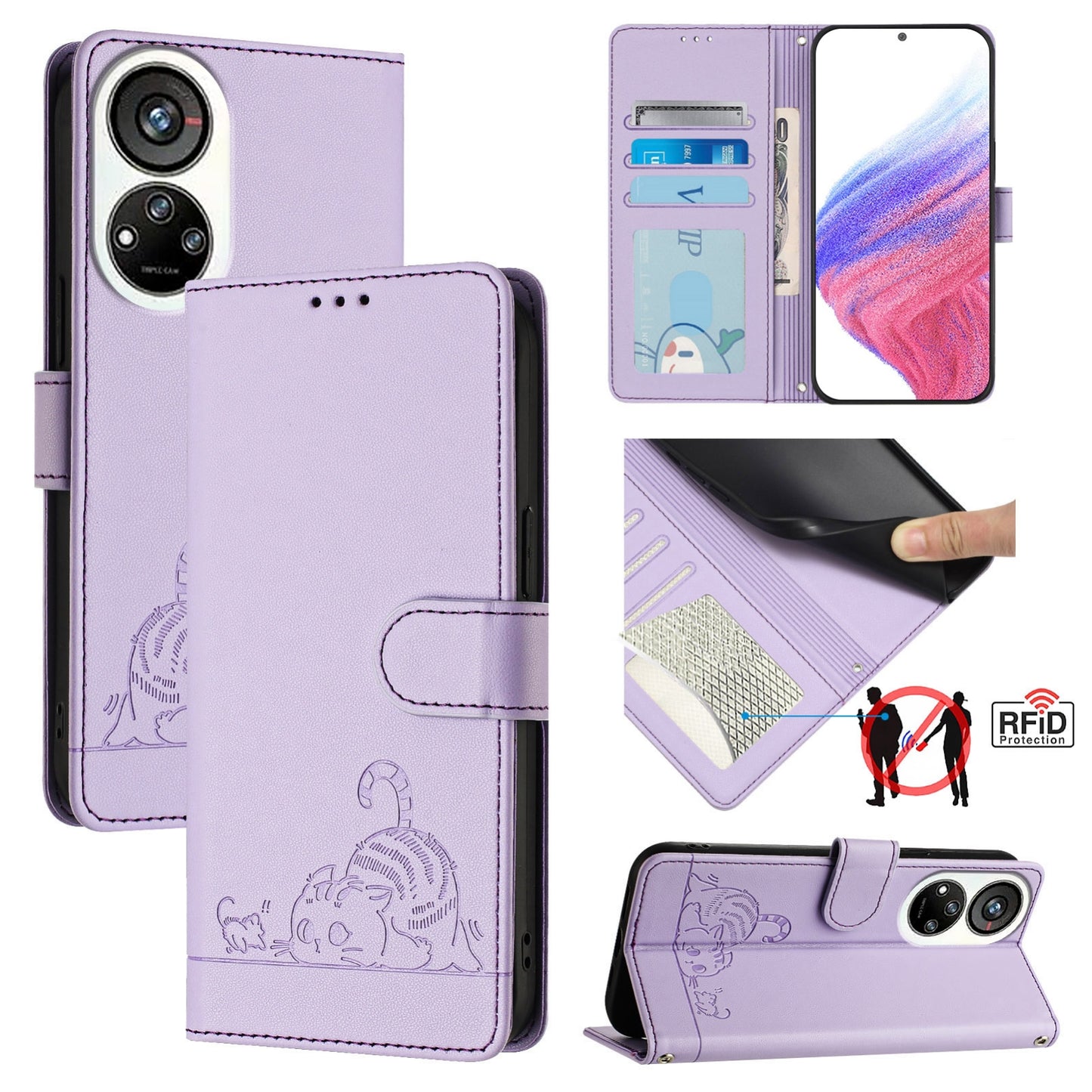 ZTE Blade V40s Cat and Mouse Embossed PU Leather RFID Case with Wallet Slots, Anti-Fall Protection, Kickstand, and Lanyard-buycases.co.uk