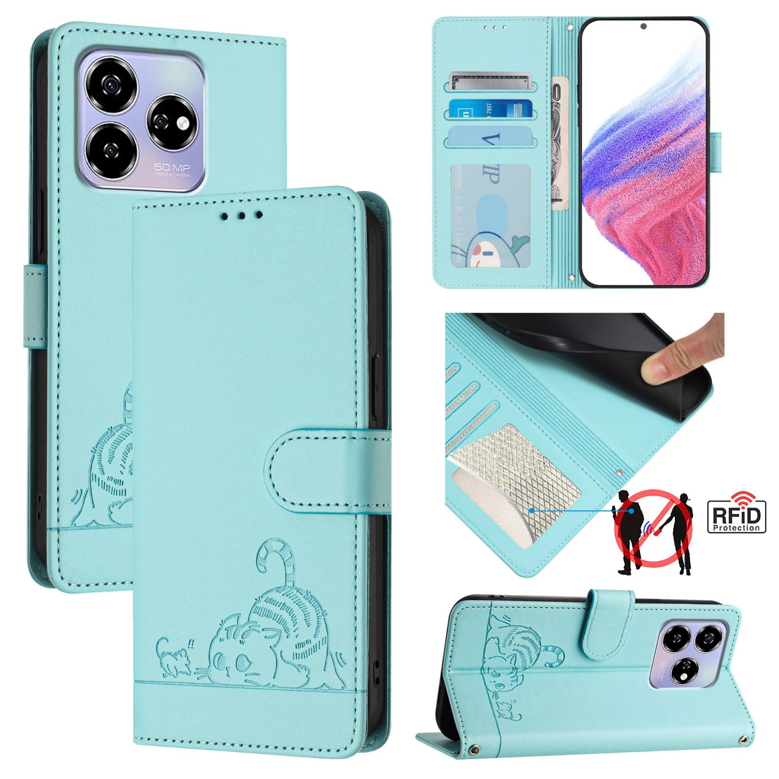 ZTE Axon 60 4G Cat and Mouse Embossed PU Leather RFID Case with Wallet Slots, Anti-Fall Protection, Kickstand, and Lanyard-buycases.co.uk
