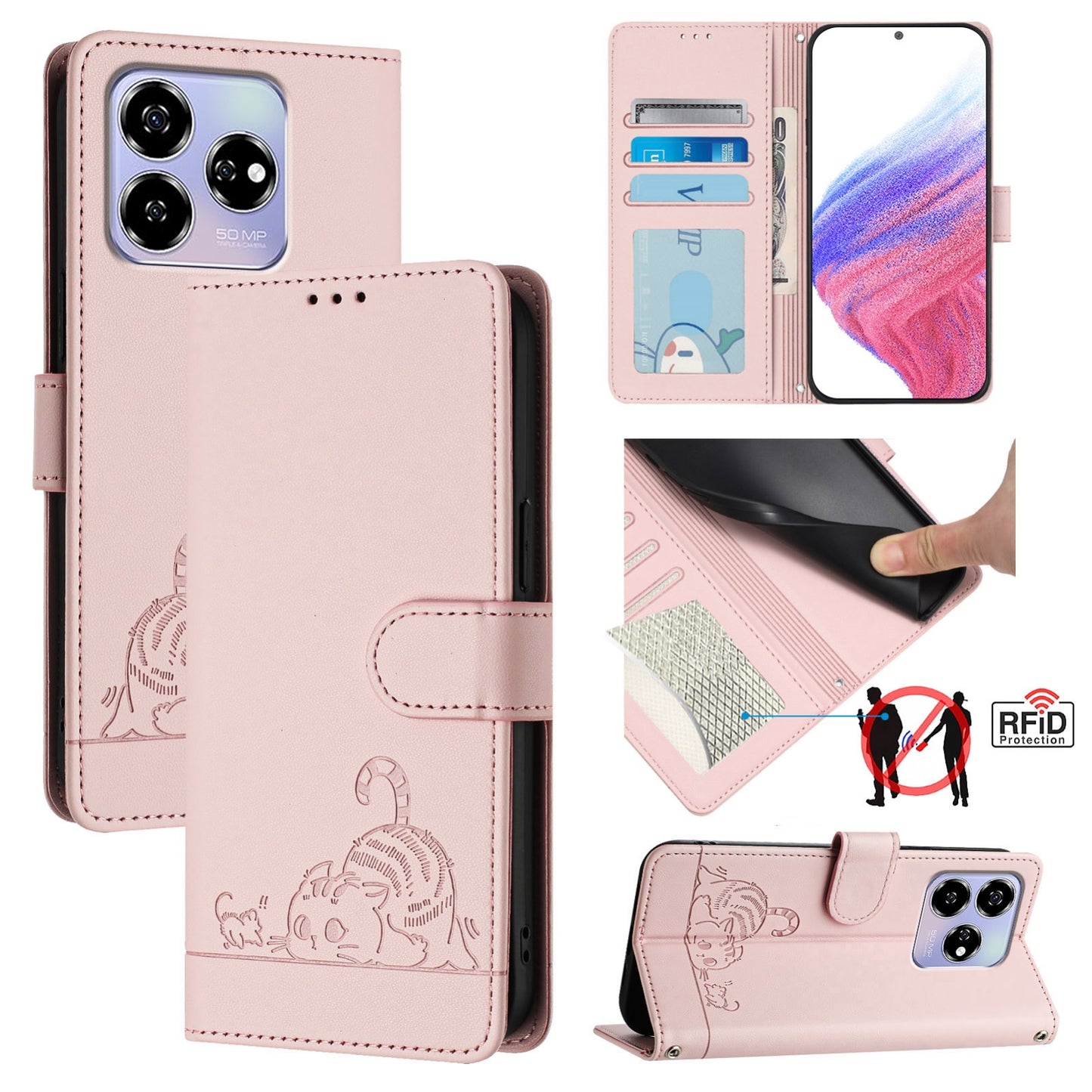 ZTE Axon 60 4G Cat and Mouse Embossed PU Leather RFID Case with Wallet Slots, Anti-Fall Protection, Kickstand, and Lanyard-buycases.co.uk