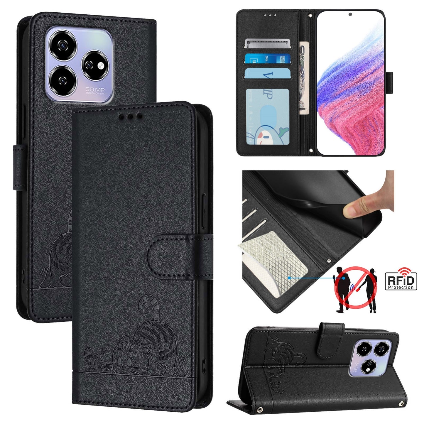 ZTE Axon 60 4G Cat and Mouse Embossed PU Leather RFID Case with Wallet Slots, Anti-Fall Protection, Kickstand, and Lanyard-buycases.co.uk