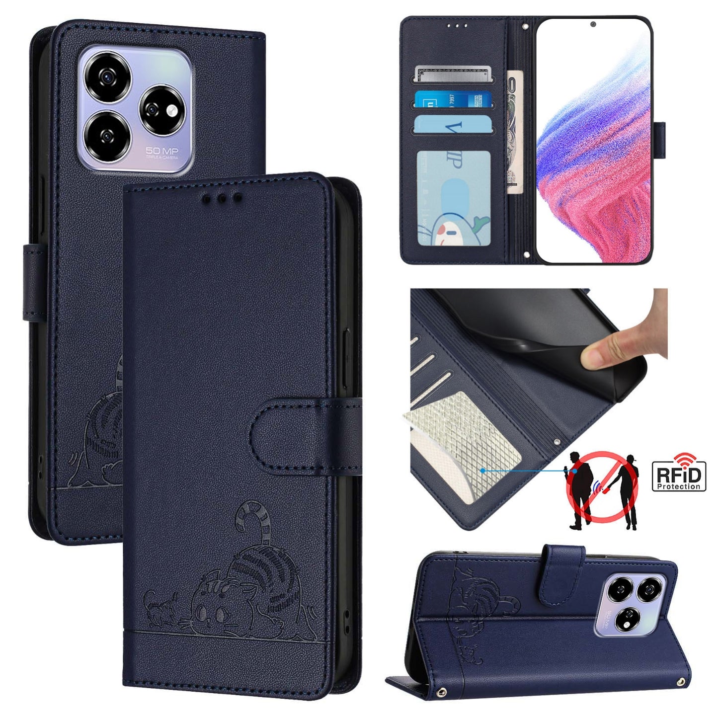 ZTE Blade V60 Cat and Mouse Embossed PU Leather RFID Case with Wallet Slots, Anti-Fall Protection, Kickstand, and Lanyard-buycases.co.uk