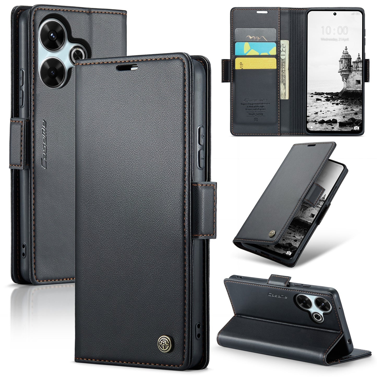 Redmi 13 Leather Wallet Case - RFID Blocking, Stand Function, Card Slots