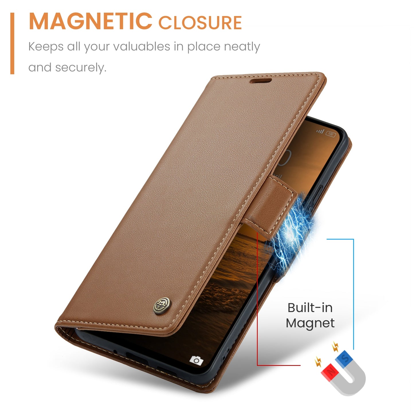 Redmi 13 Leather Wallet Case - RFID Blocking, Stand Function, Card Slots