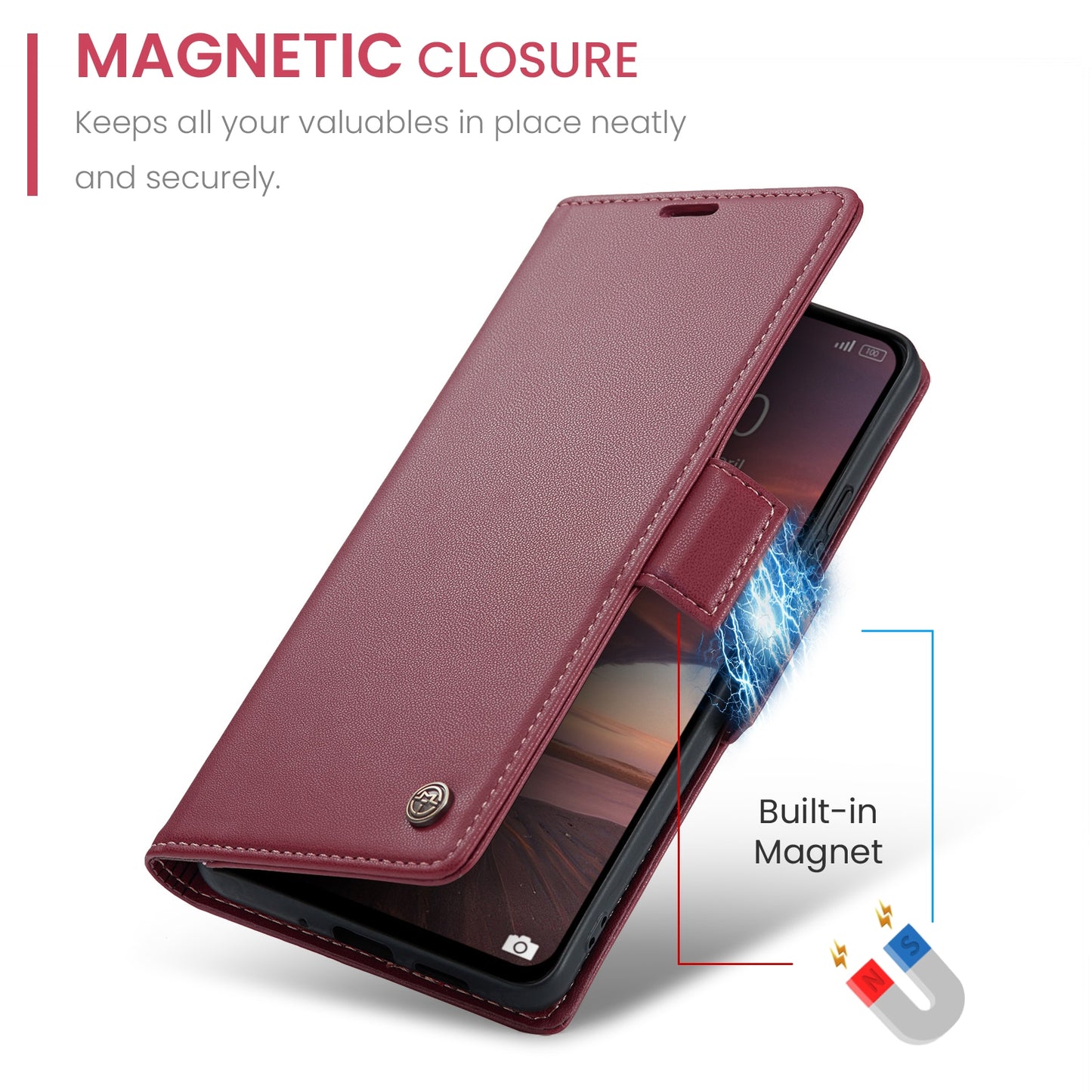 Redmi 13 Leather Wallet Case - RFID Blocking, Stand Function, Card Slots