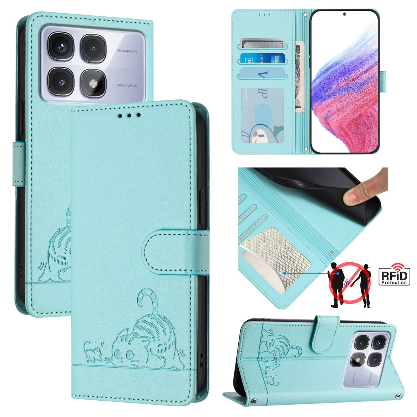 Redmi K70 Ultra 5G Global Cat and Mouse Embossed PU Leather RFID Case with Wallet Slots, Anti-Fall Protection, Kickstand, and Lanyard-buycases.co.uk