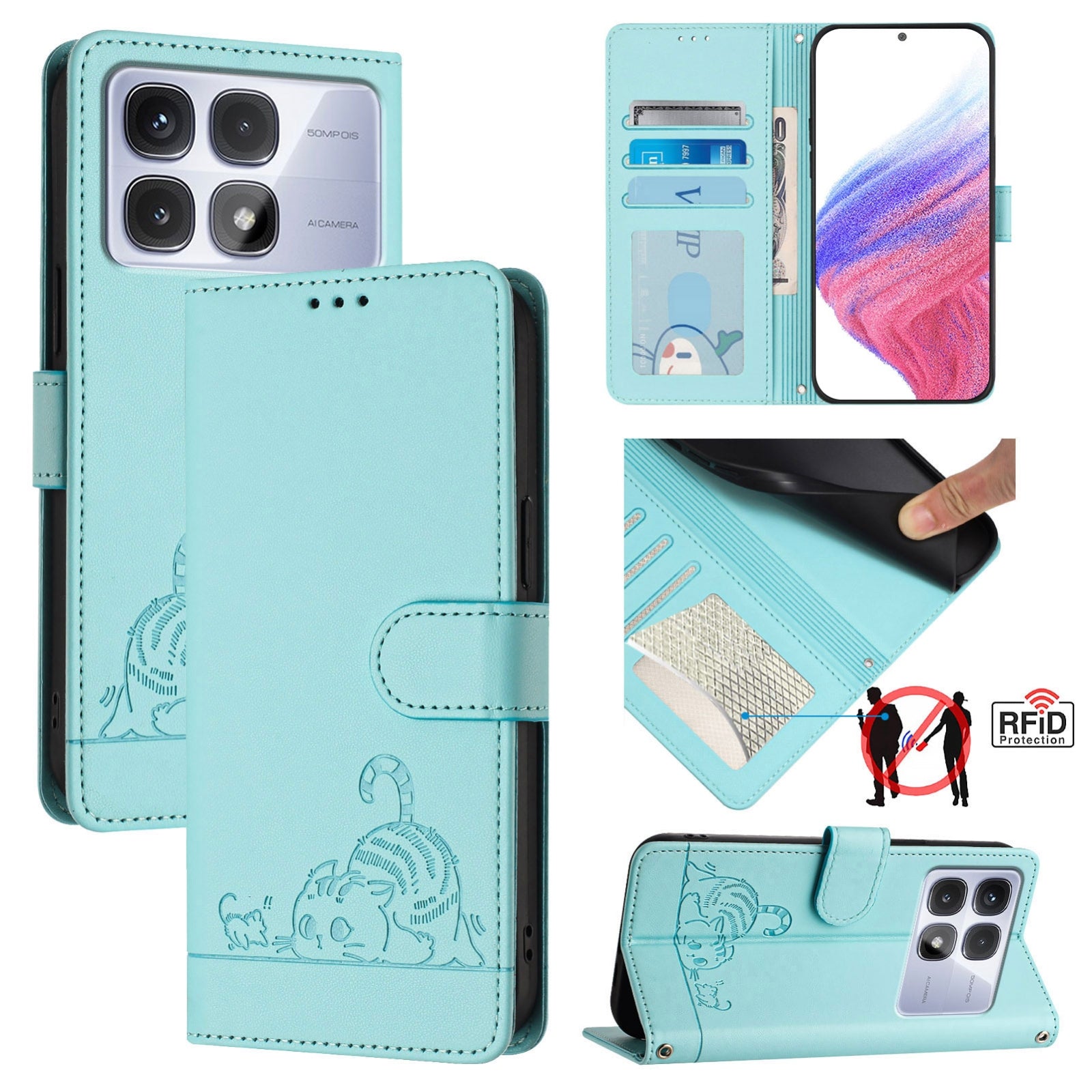 Redmi K70 Ultra 5G Global Cat and Mouse Embossed PU Leather RFID Case with Wallet Slots, Anti-Fall Protection, Kickstand, and Lanyard-buycases.co.uk