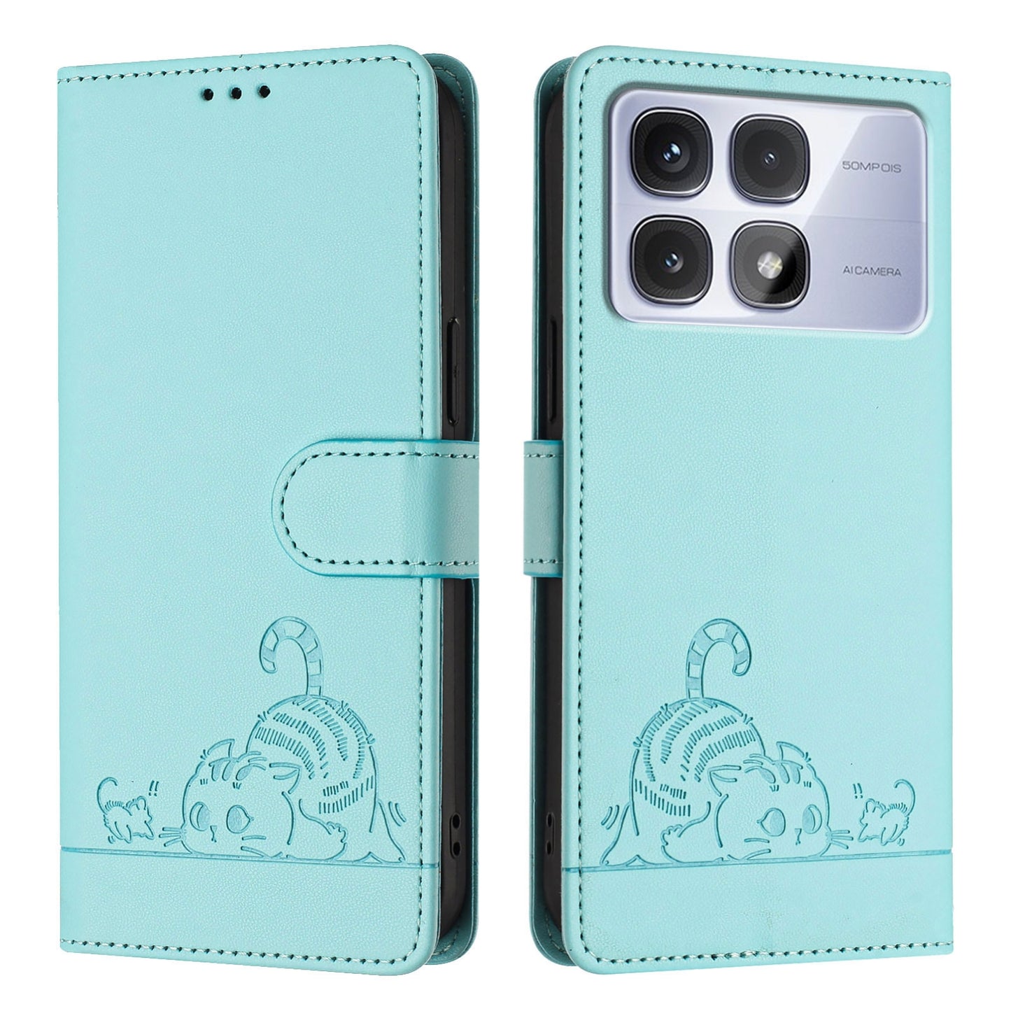Redmi K70 Ultra 5G Global Cat and Mouse Embossed PU Leather RFID Case with Wallet Slots, Anti-Fall Protection, Kickstand, and Lanyard-buycases.co.uk