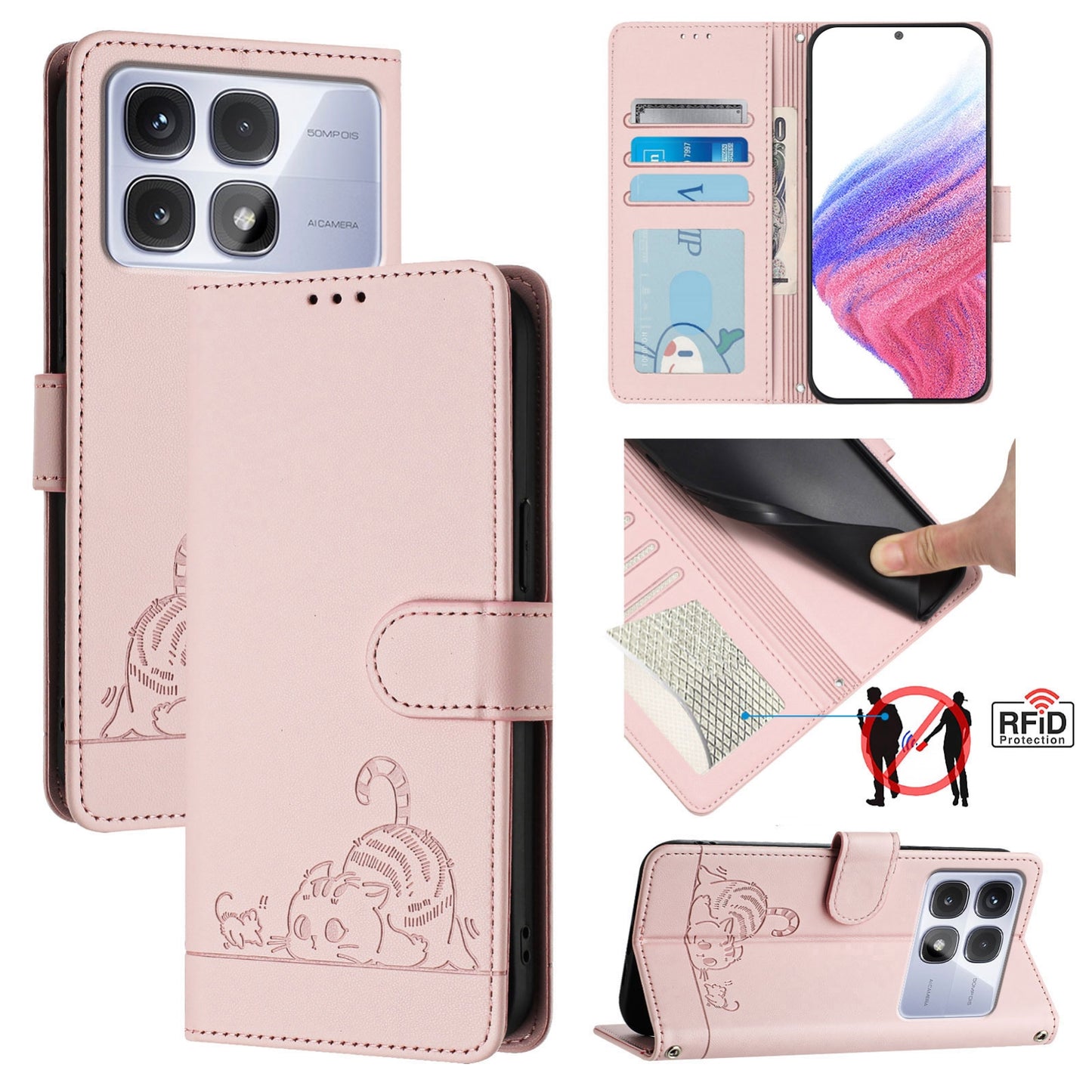 Redmi K70 Ultra 5G Global Cat and Mouse Embossed PU Leather RFID Case with Wallet Slots, Anti-Fall Protection, Kickstand, and Lanyard-buycases.co.uk