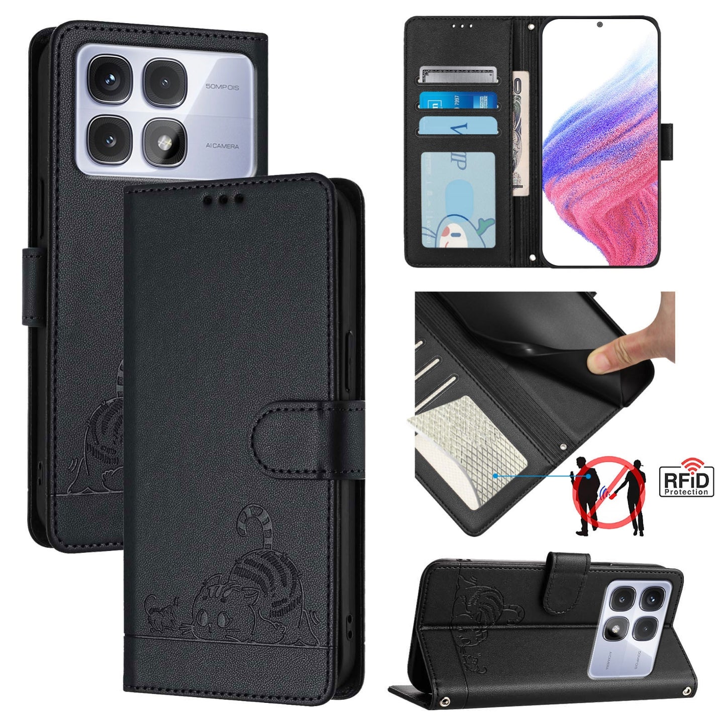 Redmi K70 Ultra 5G Global Cat and Mouse Embossed PU Leather RFID Case with Wallet Slots, Anti-Fall Protection, Kickstand, and Lanyard-buycases.co.uk