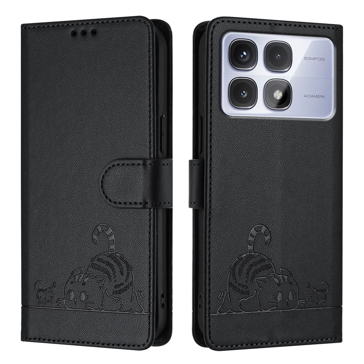 Redmi K70 Ultra 5G Global Cat and Mouse Embossed PU Leather RFID Case with Wallet Slots, Anti-Fall Protection, Kickstand, and Lanyard-buycases.co.uk