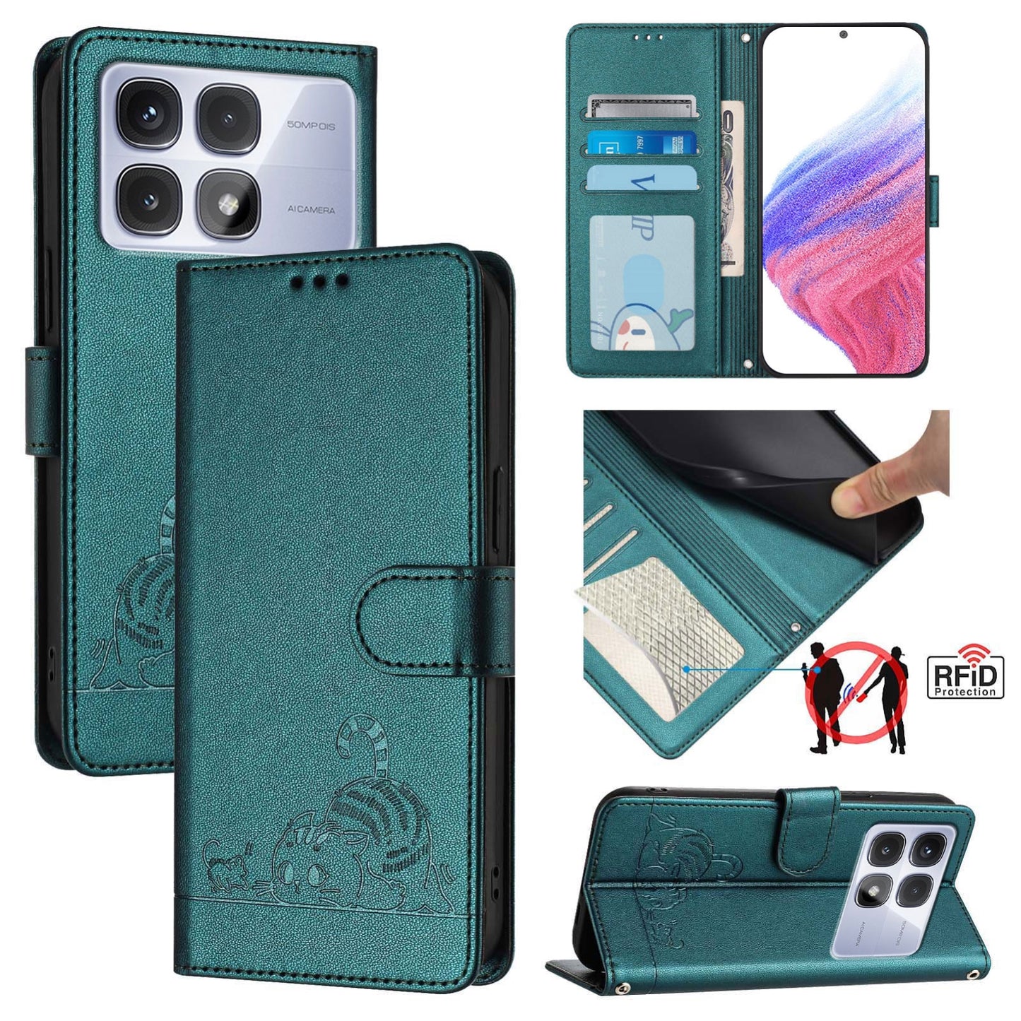 Redmi K70 Ultra 5G Global Cat and Mouse Embossed PU Leather RFID Case with Wallet Slots, Anti-Fall Protection, Kickstand, and Lanyard-buycases.co.uk