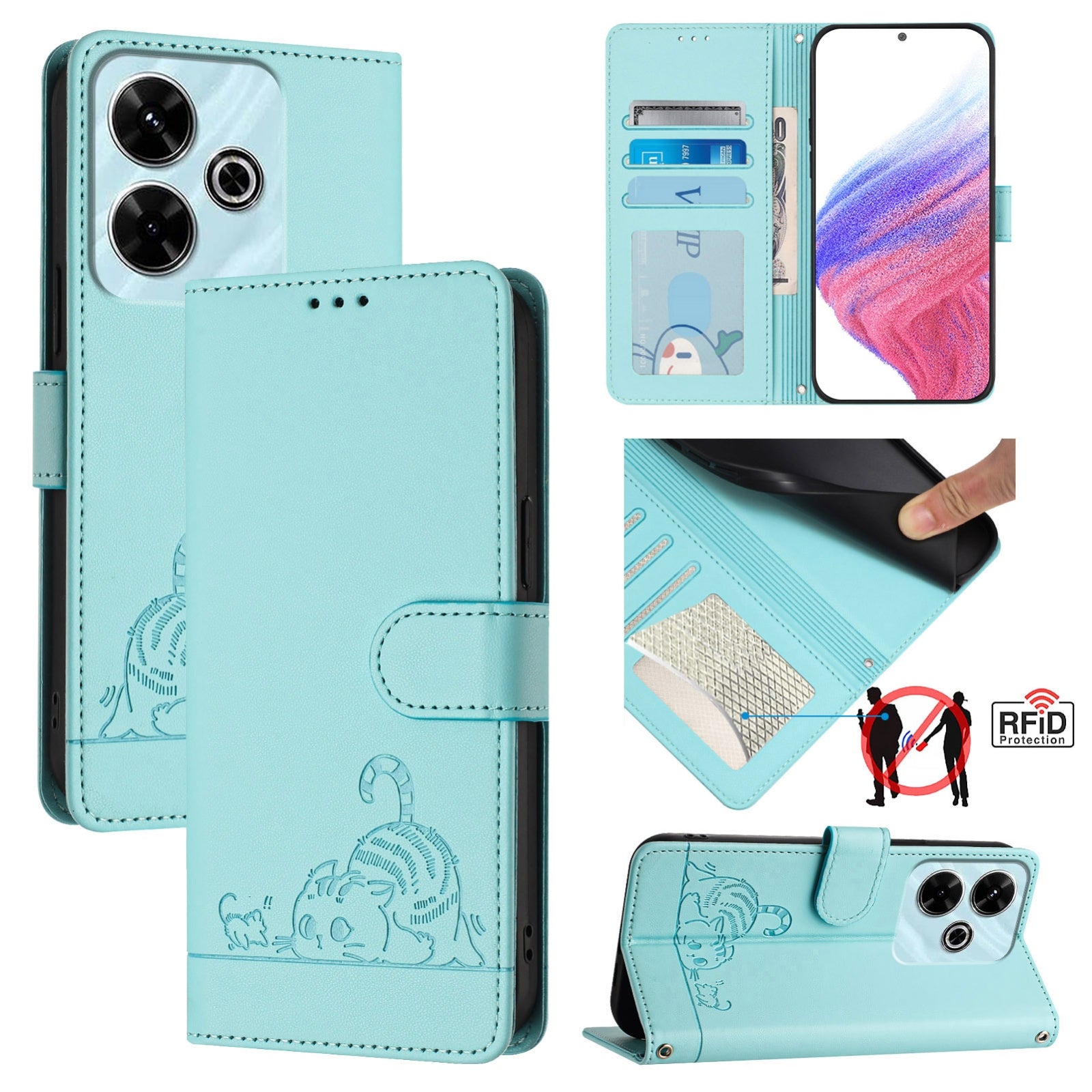 Redmi 13 4G Cat and Mouse Embossed PU Leather RFID Case with Wallet Slots, Anti-Fall Protection, Kickstand, and Lanyard-buycases.co.uk