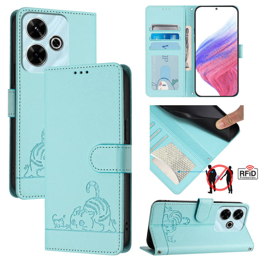 Redmi 13 4G Cat and Mouse Embossed PU Leather RFID Case with Wallet Slots, Anti-Fall Protection, Kickstand, and Lanyard-buycases.co.uk