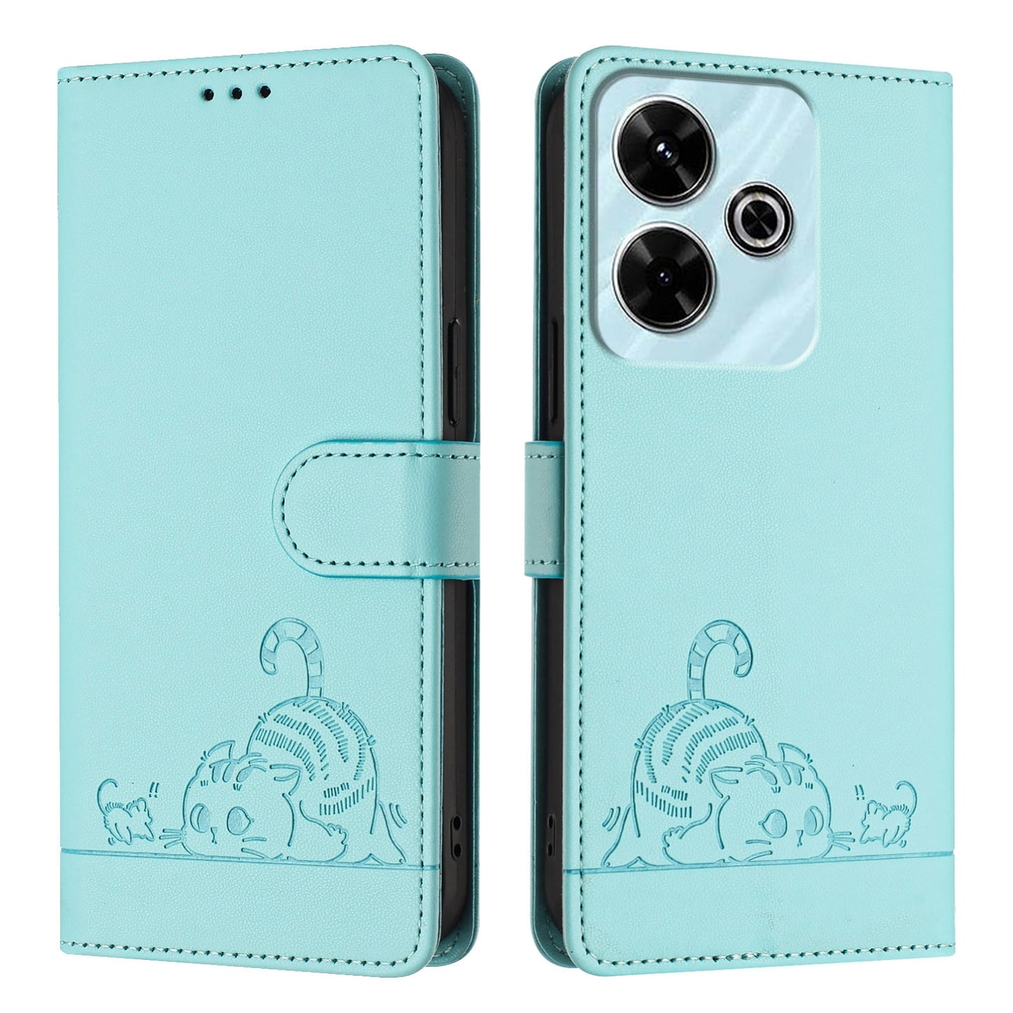Redmi 13 4G Cat and Mouse Embossed PU Leather RFID Case with Wallet Slots, Anti-Fall Protection, Kickstand, and Lanyard-buycases.co.uk