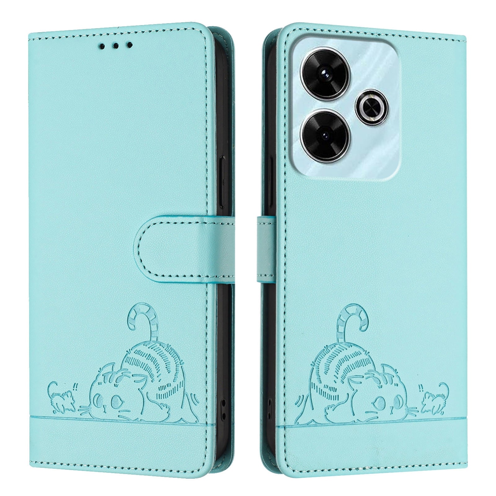 Redmi 13 4G Cat and Mouse Embossed PU Leather RFID Case with Wallet Slots, Anti-Fall Protection, Kickstand, and Lanyard-buycases.co.uk