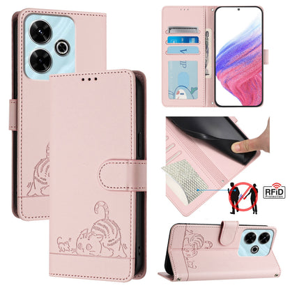 Redmi 13 4G Cat and Mouse Embossed PU Leather RFID Case with Wallet Slots, Anti-Fall Protection, Kickstand, and Lanyard-buycases.co.uk