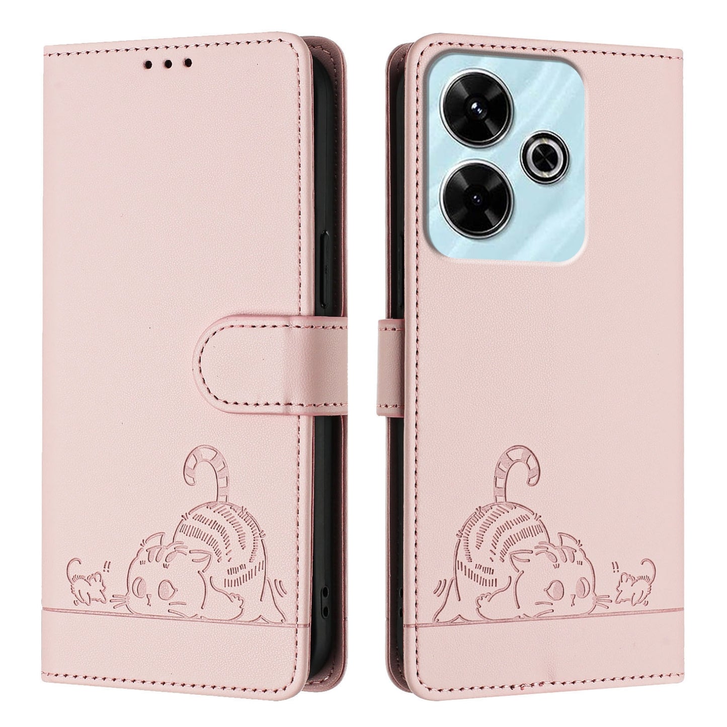Redmi 13 4G Cat and Mouse Embossed PU Leather RFID Case with Wallet Slots, Anti-Fall Protection, Kickstand, and Lanyard-buycases.co.uk