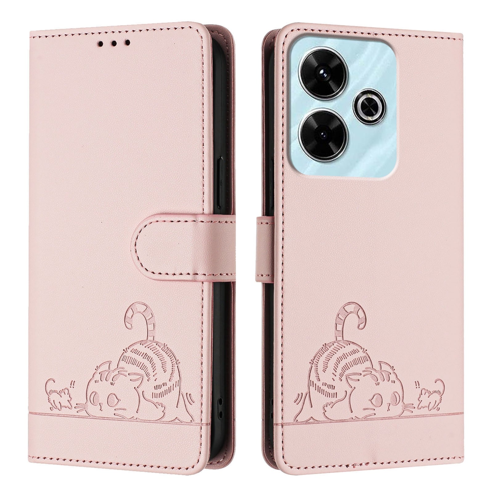 Redmi 13 4G Cat and Mouse Embossed PU Leather RFID Case with Wallet Slots, Anti-Fall Protection, Kickstand, and Lanyard-buycases.co.uk