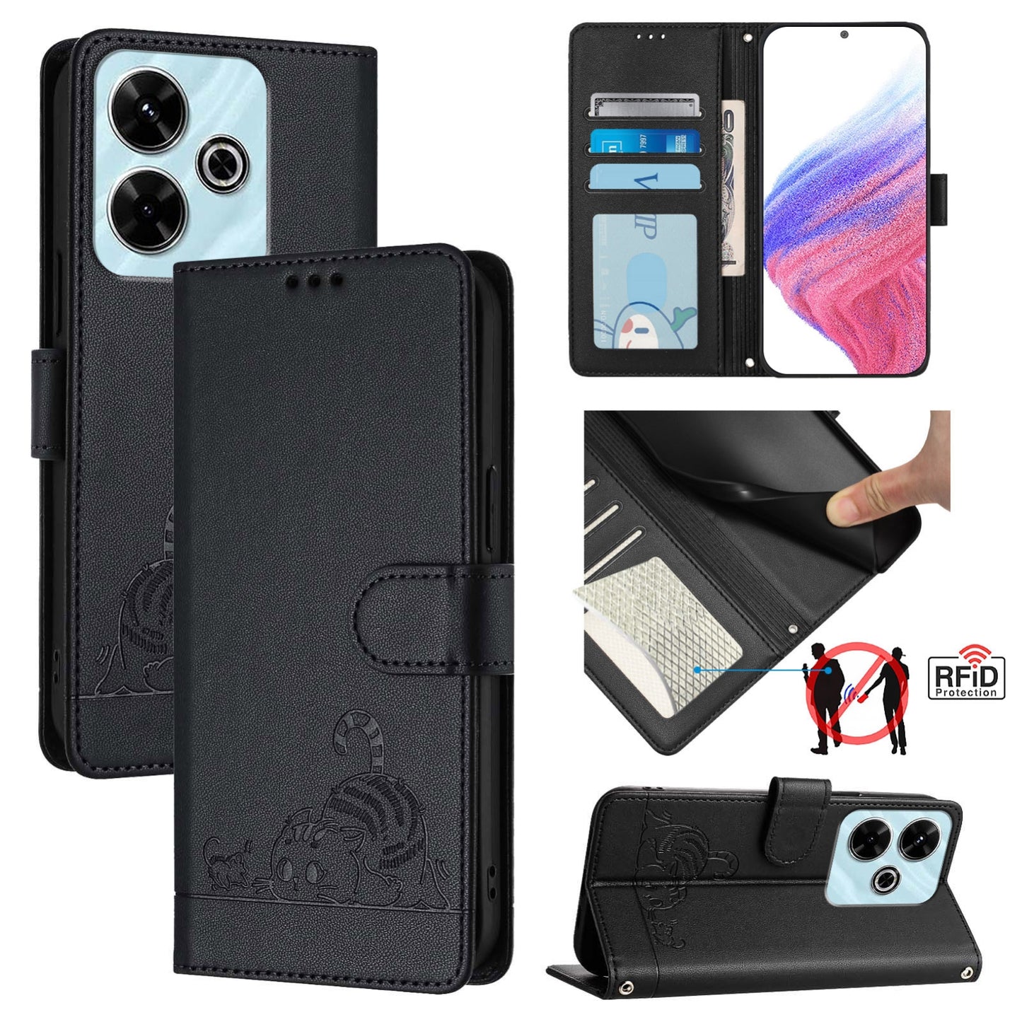 Redmi 13 4G Cat and Mouse Embossed PU Leather RFID Case with Wallet Slots, Anti-Fall Protection, Kickstand, and Lanyard-buycases.co.uk