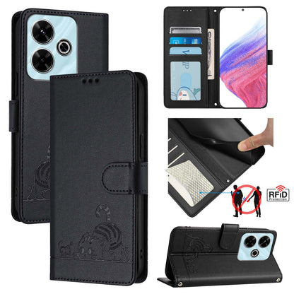 Redmi 13 4G Cat and Mouse Embossed PU Leather RFID Case with Wallet Slots, Anti-Fall Protection, Kickstand, and Lanyard-buycases.co.uk