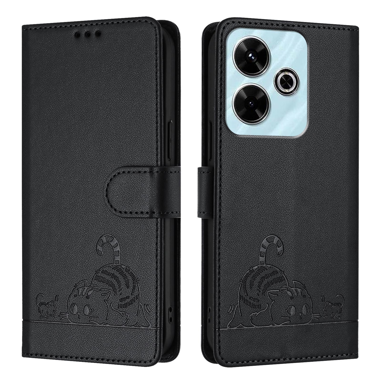 Redmi 13 4G Cat and Mouse Embossed PU Leather RFID Case with Wallet Slots, Anti-Fall Protection, Kickstand, and Lanyard-buycases.co.uk