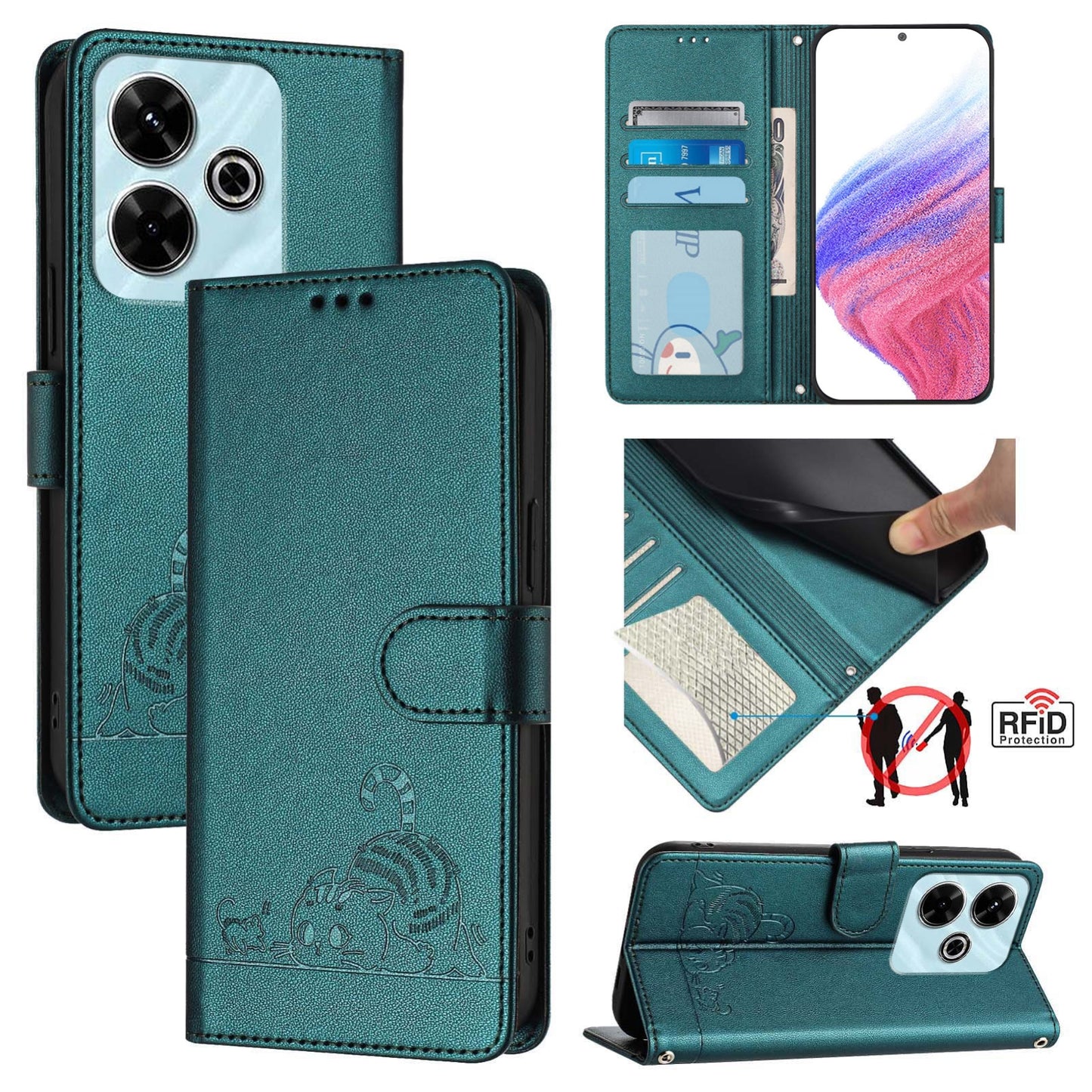 Redmi 13 4G Cat and Mouse Embossed PU Leather RFID Case with Wallet Slots, Anti-Fall Protection, Kickstand, and Lanyard-buycases.co.uk