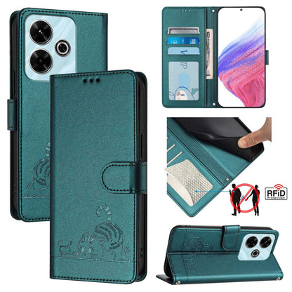Redmi 13 4G Cat and Mouse Embossed PU Leather RFID Case with Wallet Slots, Anti-Fall Protection, Kickstand, and Lanyard-buycases.co.uk