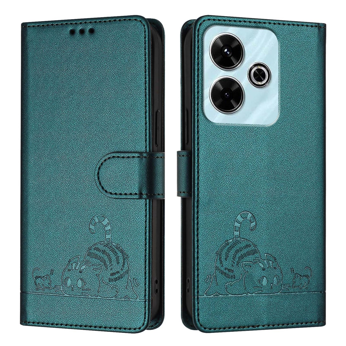 Redmi 13 4G Cat and Mouse Embossed PU Leather RFID Case with Wallet Slots, Anti-Fall Protection, Kickstand, and Lanyard-buycases.co.uk