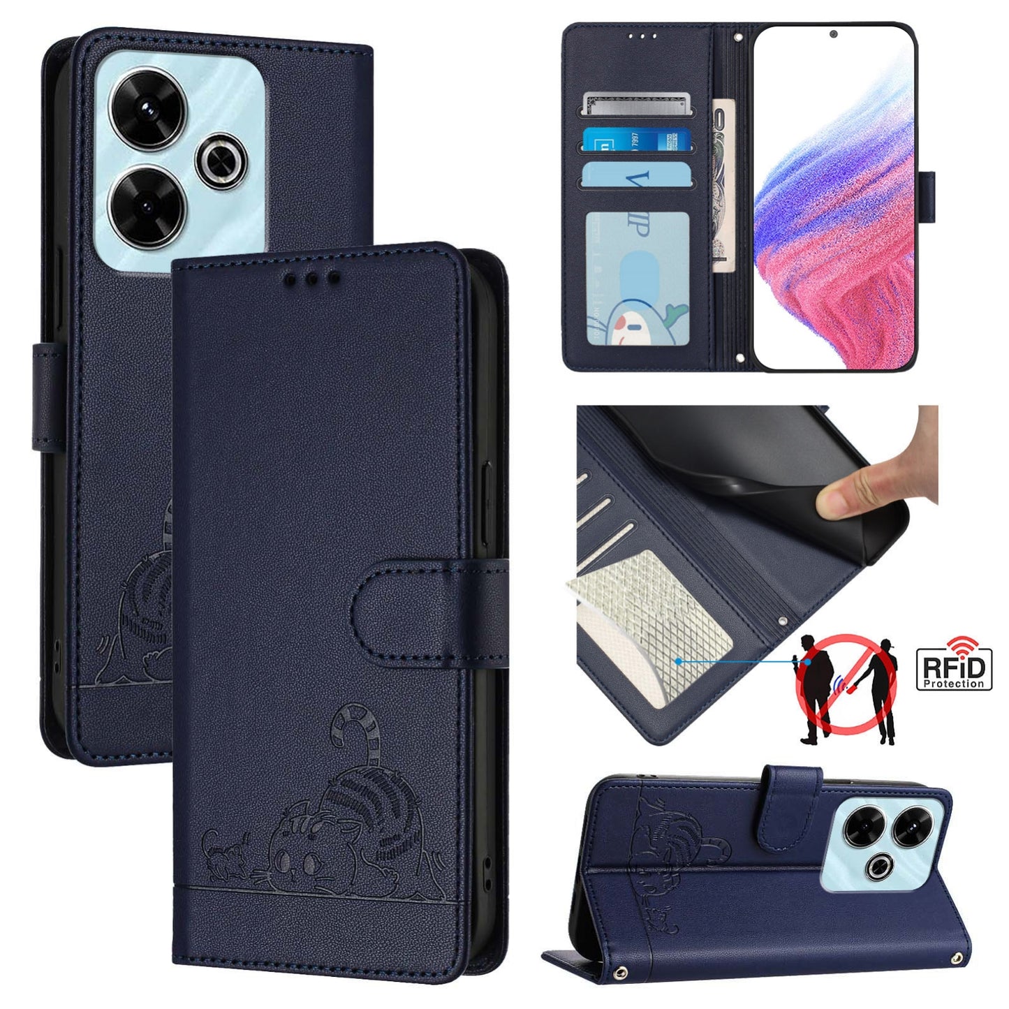 Redmi 13 4G Cat and Mouse Embossed PU Leather RFID Case with Wallet Slots, Anti-Fall Protection, Kickstand, and Lanyard-buycases.co.uk