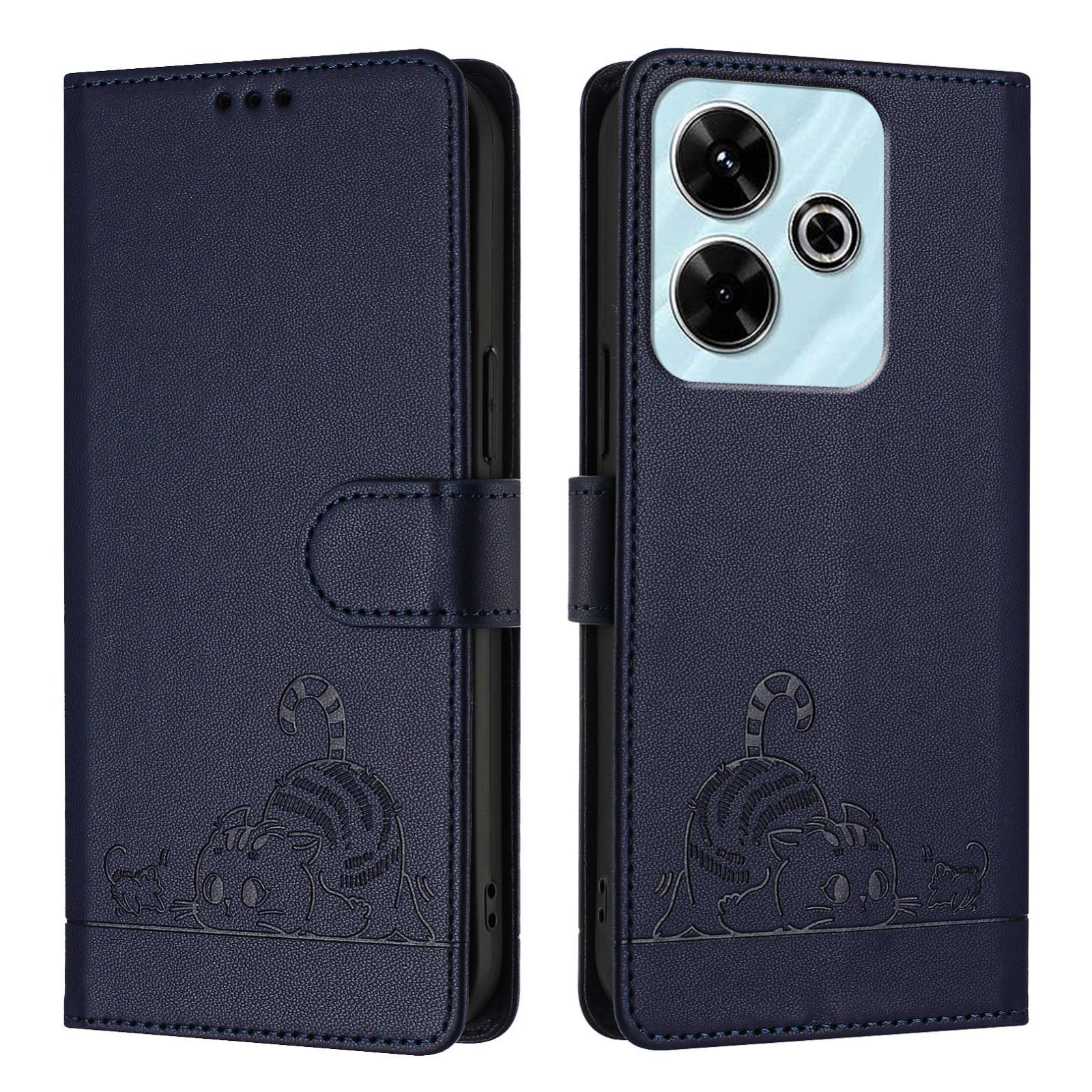 Redmi 13 4G Cat and Mouse Embossed PU Leather RFID Case with Wallet Slots, Anti-Fall Protection, Kickstand, and Lanyard-buycases.co.uk