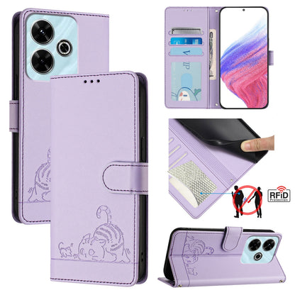 Redmi 13 4G Cat and Mouse Embossed PU Leather RFID Case with Wallet Slots, Anti-Fall Protection, Kickstand, and Lanyard-buycases.co.uk