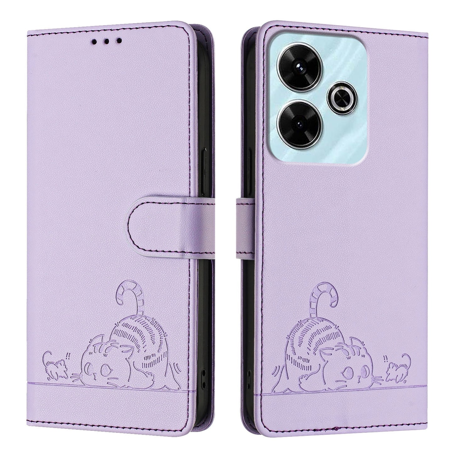 Redmi 13 4G Cat and Mouse Embossed PU Leather RFID Case with Wallet Slots, Anti-Fall Protection, Kickstand, and Lanyard-buycases.co.uk