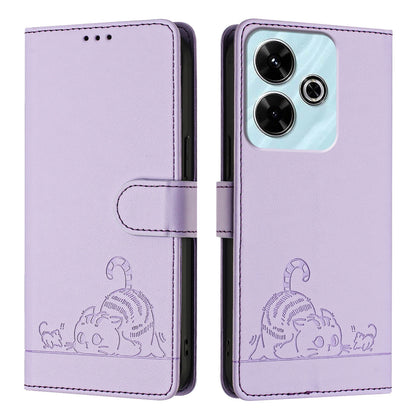 Redmi 13 4G Cat and Mouse Embossed PU Leather RFID Case with Wallet Slots, Anti-Fall Protection, Kickstand, and Lanyard-buycases.co.uk