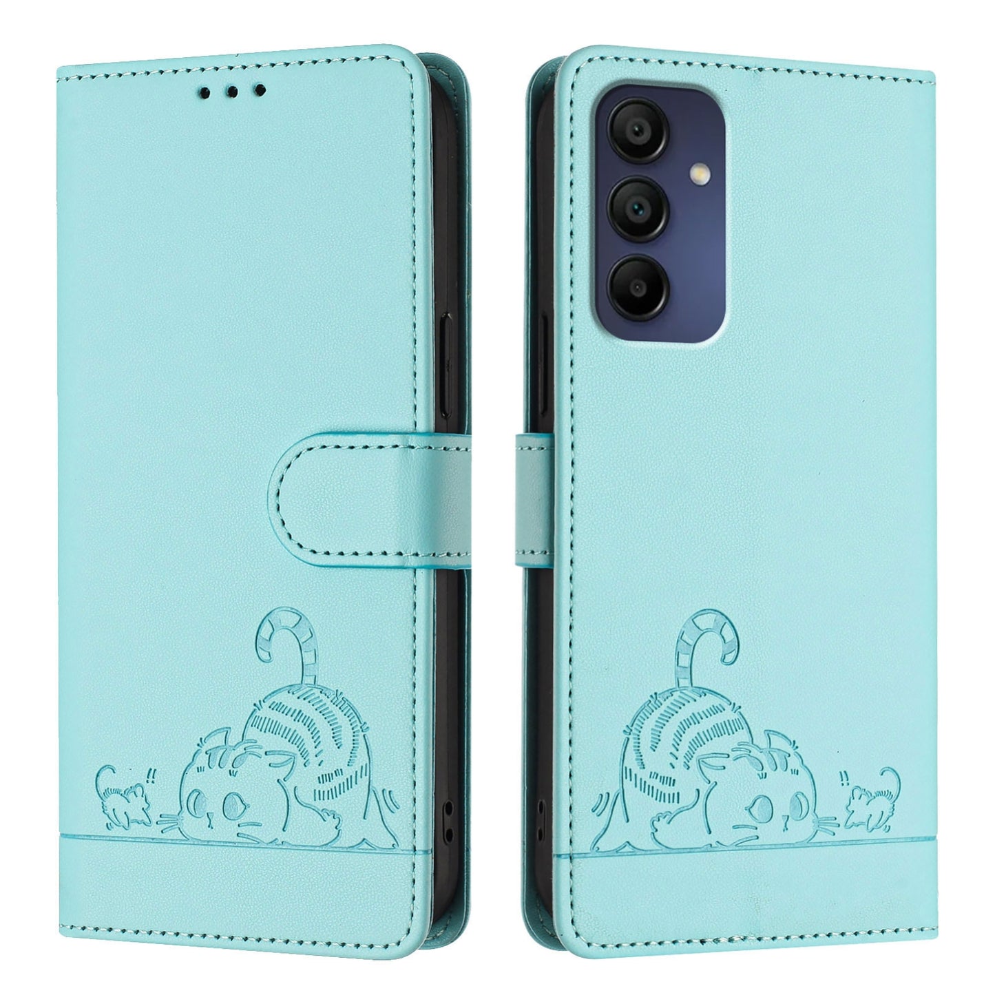 Samsung Galaxy A16 5G Cat and Mouse Embossed PU Leather RFID Case with Wallet Slots, Anti-Fall Protection, Kickstand, and Lanyard-buycases.co.uk