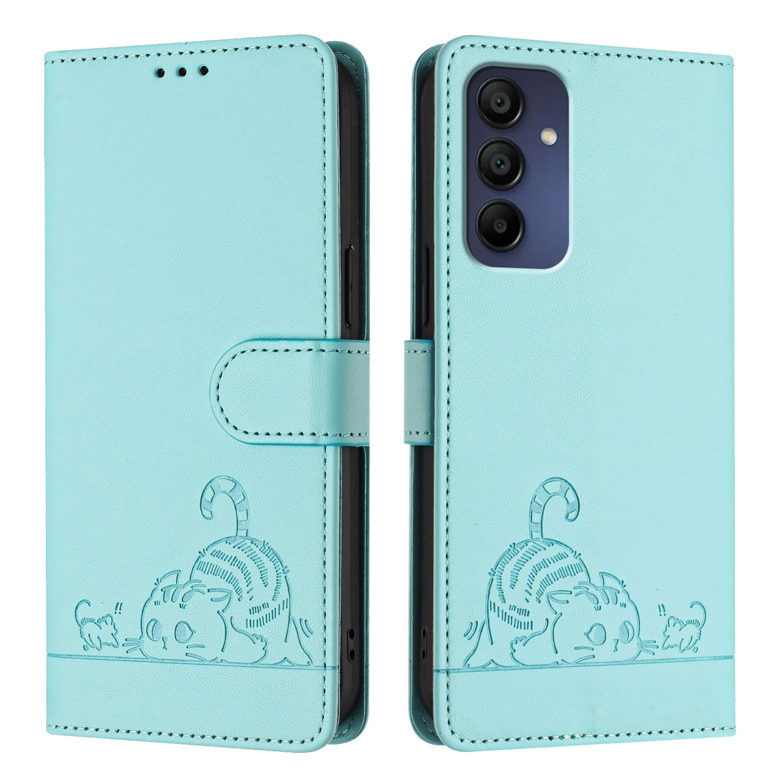 Samsung Galaxy A16 5G Cat and Mouse Embossed PU Leather RFID Case with Wallet Slots, Anti-Fall Protection, Kickstand, and Lanyard-buycases.co.uk