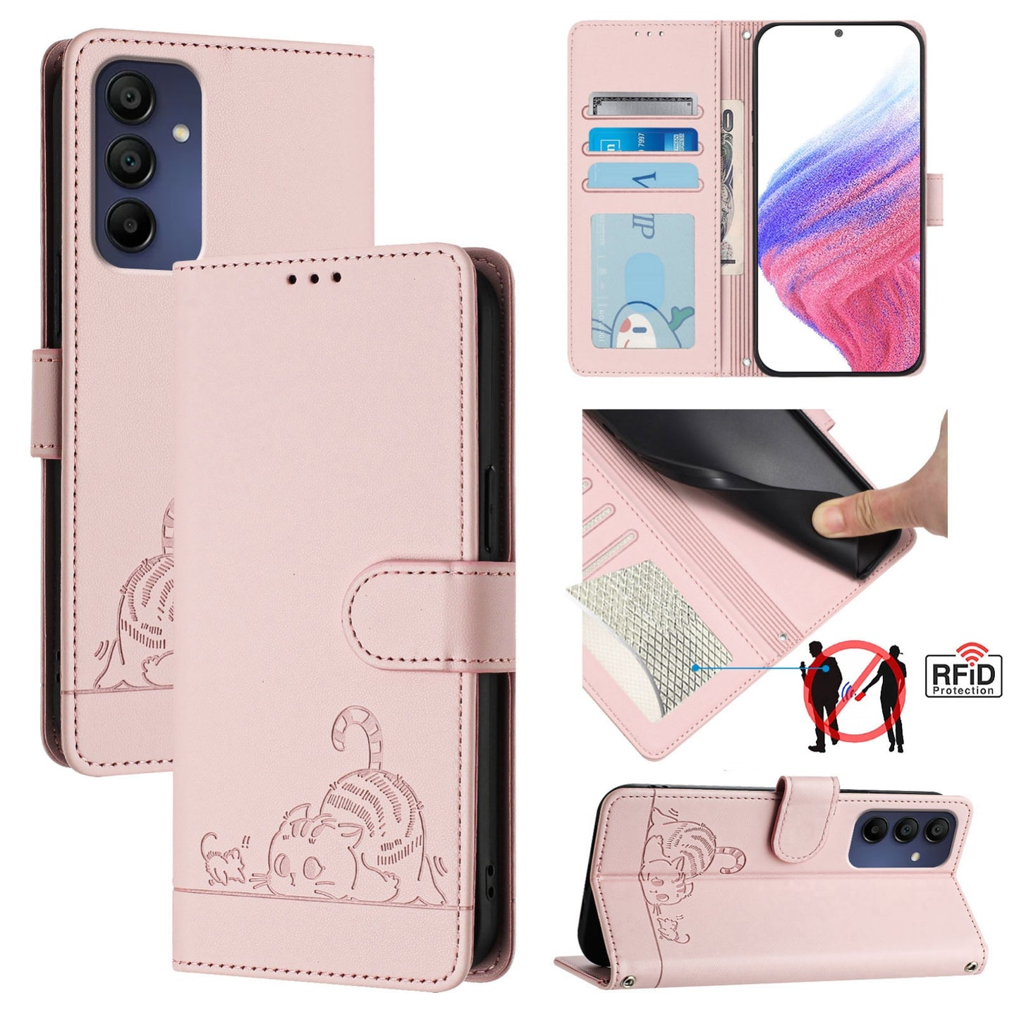 Samsung Galaxy A16 5G Cat and Mouse Embossed PU Leather RFID Case with Wallet Slots, Anti-Fall Protection, Kickstand, and Lanyard-buycases.co.uk