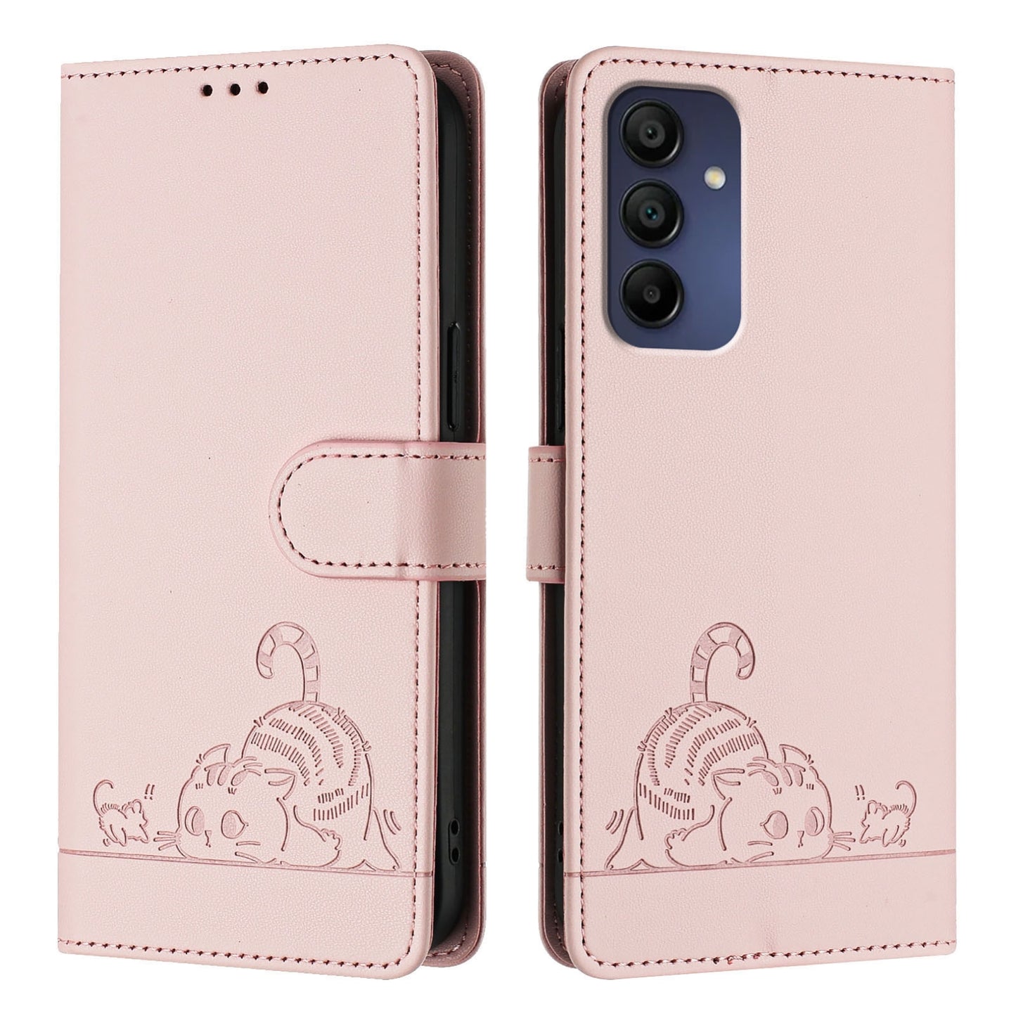 Samsung Galaxy A16 5G Cat and Mouse Embossed PU Leather RFID Case with Wallet Slots, Anti-Fall Protection, Kickstand, and Lanyard-buycases.co.uk