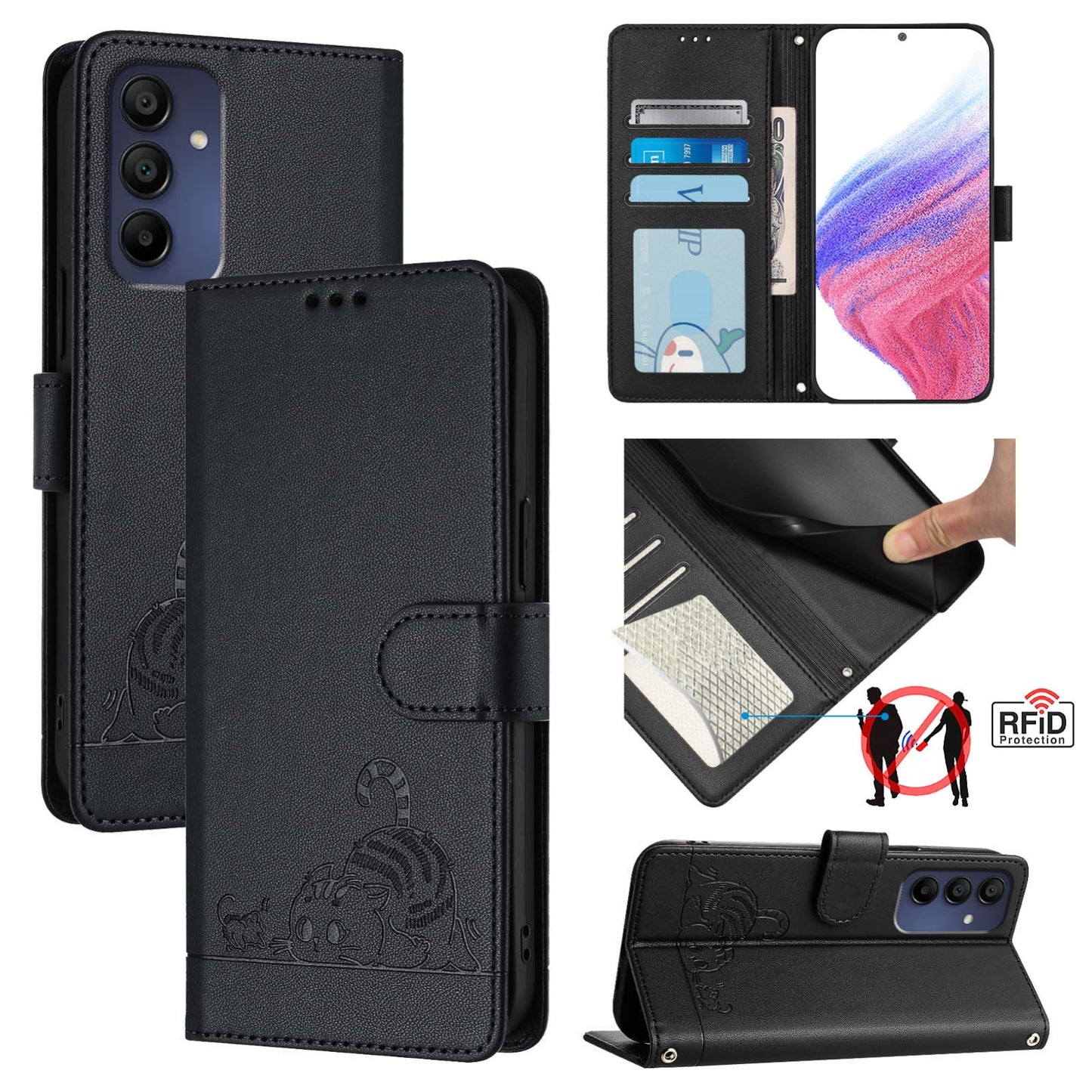 Samsung Galaxy A16 5G Cat and Mouse Embossed PU Leather RFID Case with Wallet Slots, Anti-Fall Protection, Kickstand, and Lanyard-buycases.co.uk