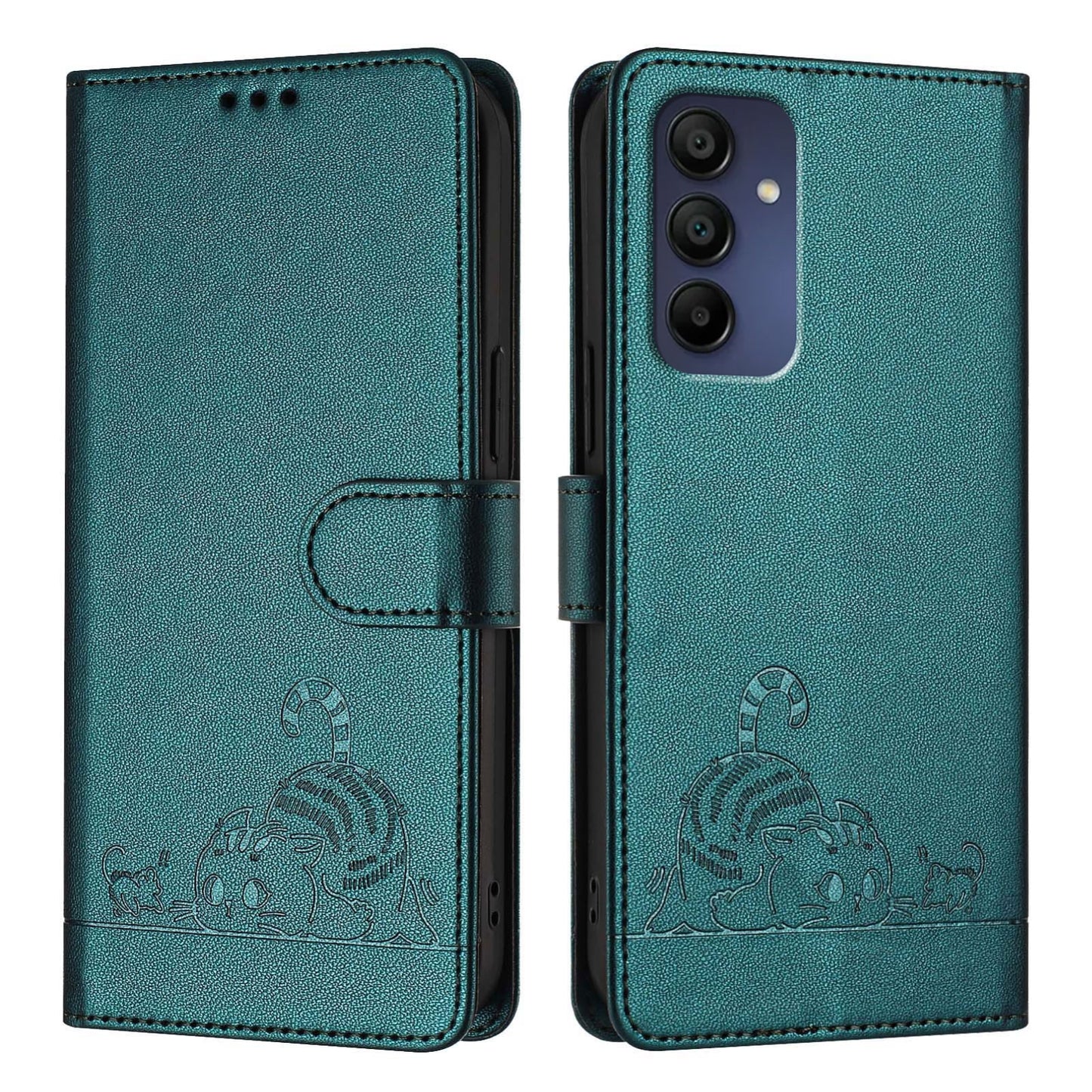 Samsung Galaxy A16 5G Cat and Mouse Embossed PU Leather RFID Case with Wallet Slots, Anti-Fall Protection, Kickstand, and Lanyard-buycases.co.uk