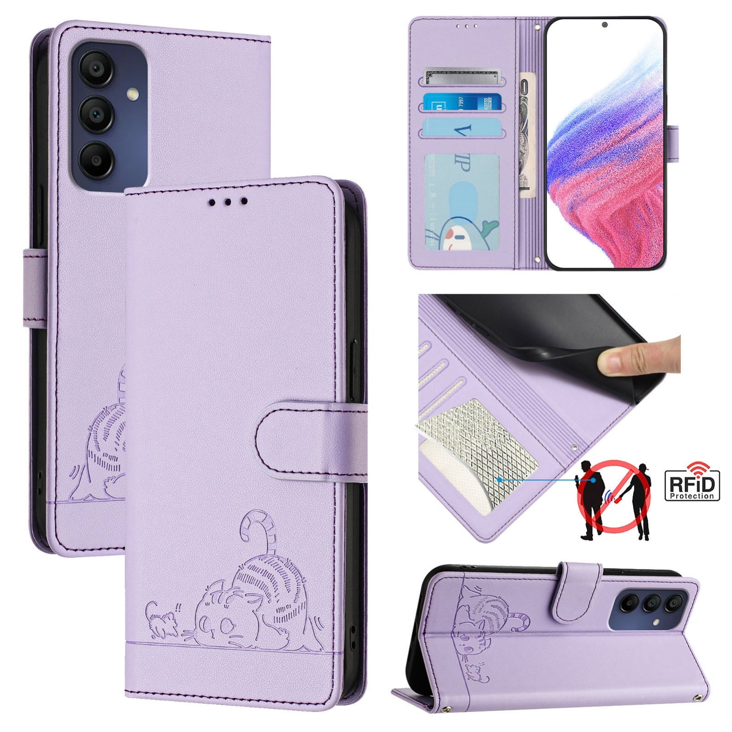 Samsung Galaxy A16 5G Cat and Mouse Embossed PU Leather RFID Case with Wallet Slots, Anti-Fall Protection, Kickstand, and Lanyard-buycases.co.uk