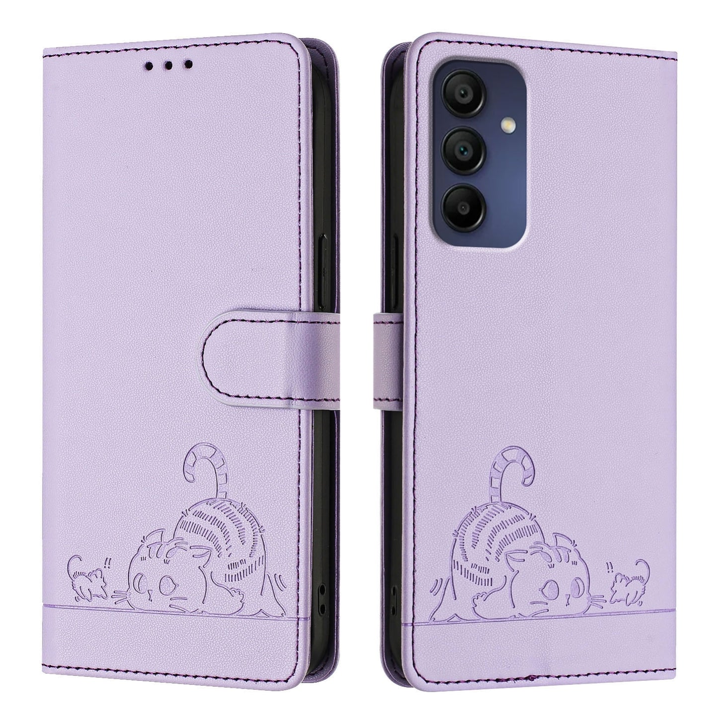 Samsung Galaxy A16 5G Cat and Mouse Embossed PU Leather RFID Case with Wallet Slots, Anti-Fall Protection, Kickstand, and Lanyard-buycases.co.uk