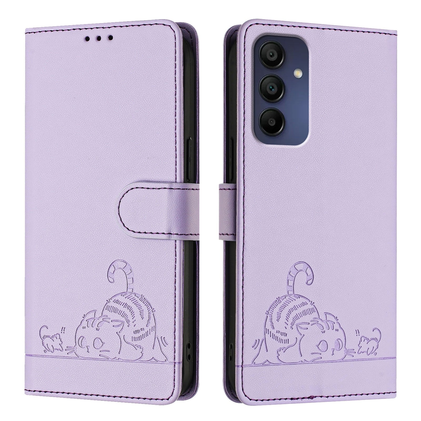 Samsung Galaxy A16 5G Cat and Mouse Embossed PU Leather RFID Case with Wallet Slots, Anti-Fall Protection, Kickstand, and Lanyard-buycases.co.uk