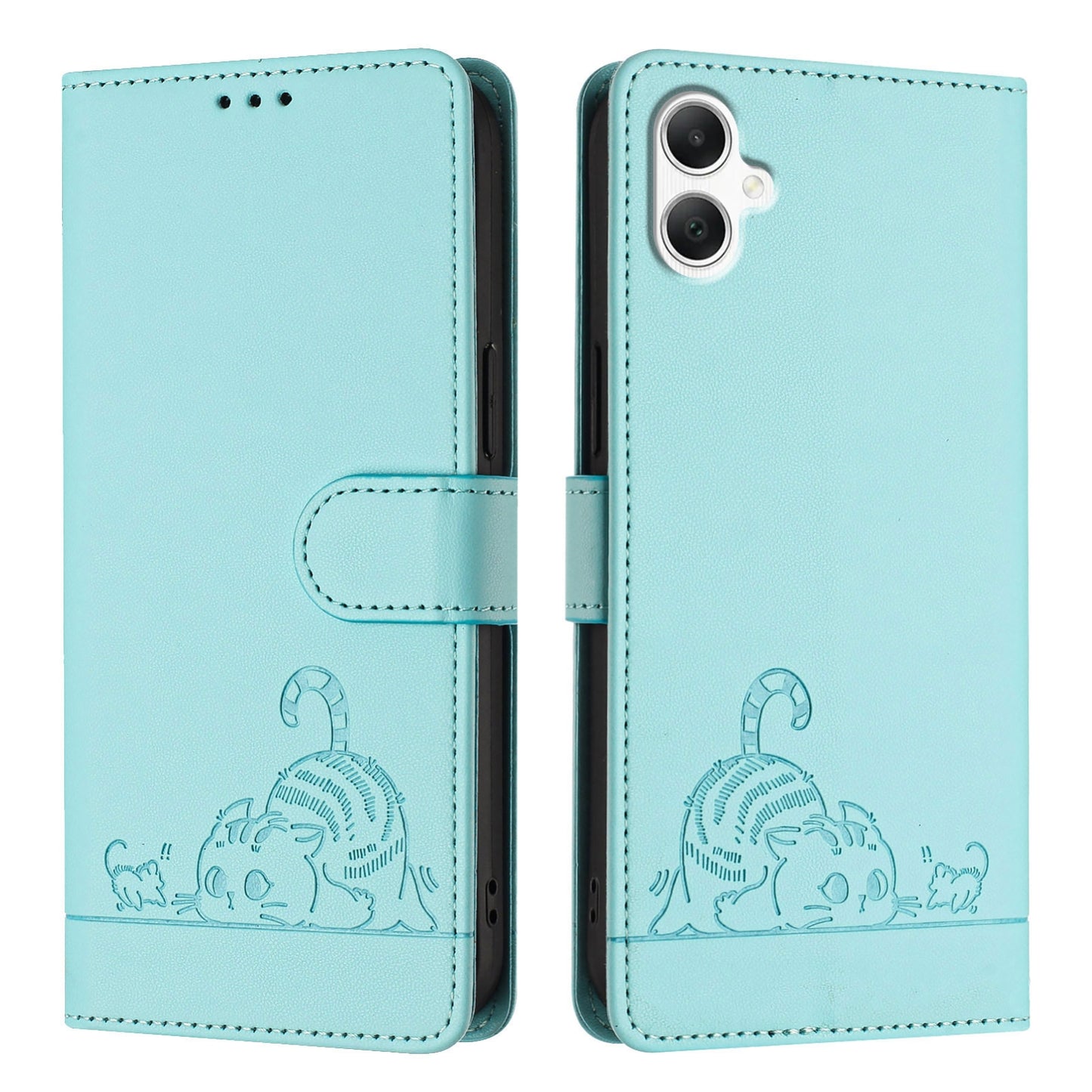 Samsung Galaxy A06 4G Cat and Mouse Embossed PU Leather RFID Case with Wallet Slots, Anti-Fall Protection, Kickstand, and Lanyard-buycases.co.uk