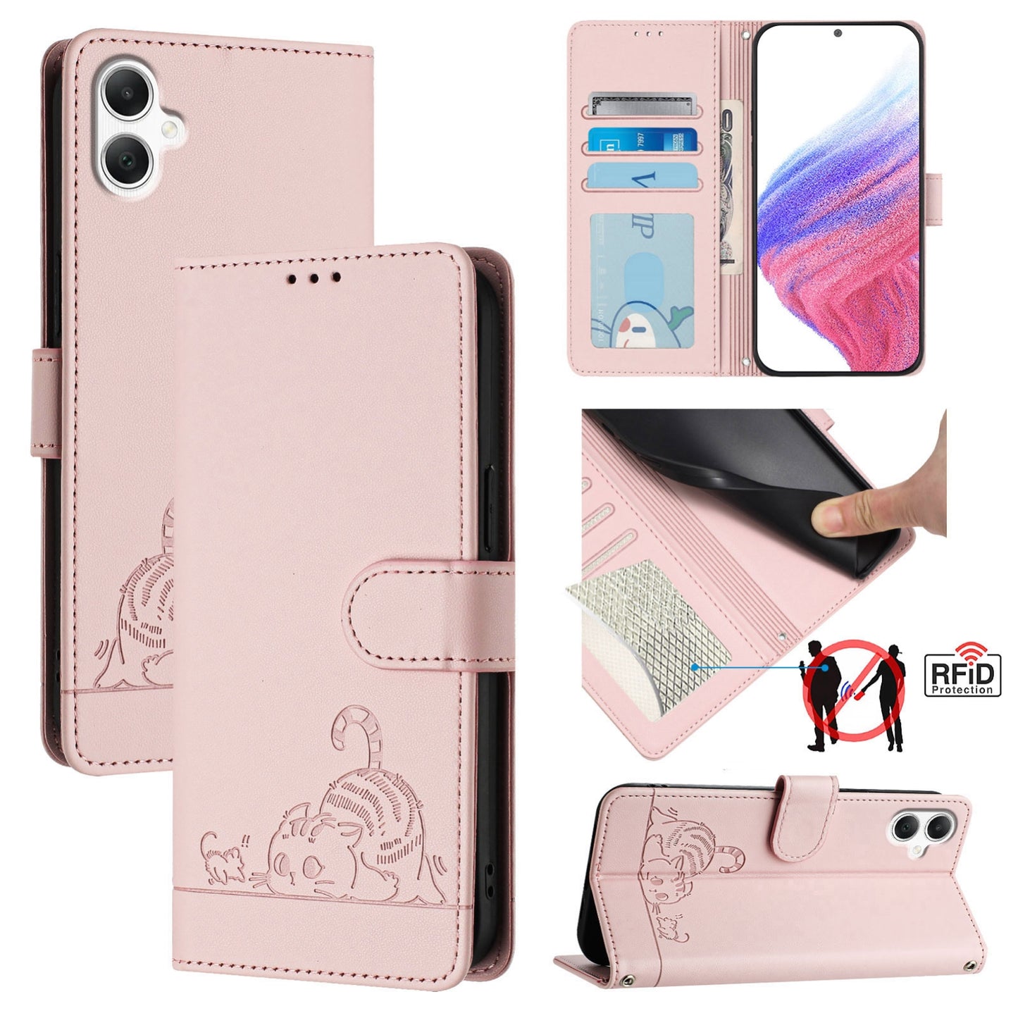 Samsung Galaxy A06 4G Cat and Mouse Embossed PU Leather RFID Case with Wallet Slots, Anti-Fall Protection, Kickstand, and Lanyard-buycases.co.uk