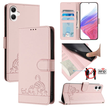 Samsung Galaxy A06 4G Cat and Mouse Embossed PU Leather RFID Case with Wallet Slots, Anti-Fall Protection, Kickstand, and Lanyard-buycases.co.uk