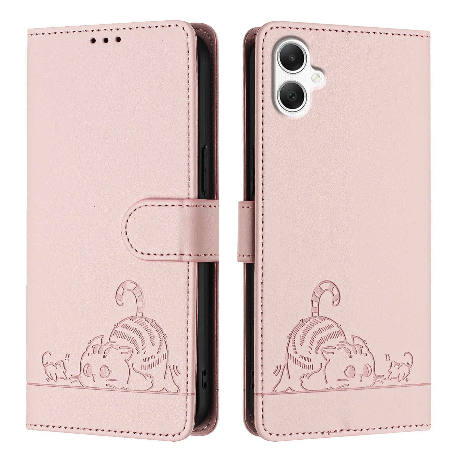 Samsung Galaxy A06 4G Cat and Mouse Embossed PU Leather RFID Case with Wallet Slots, Anti-Fall Protection, Kickstand, and Lanyard-buycases.co.uk