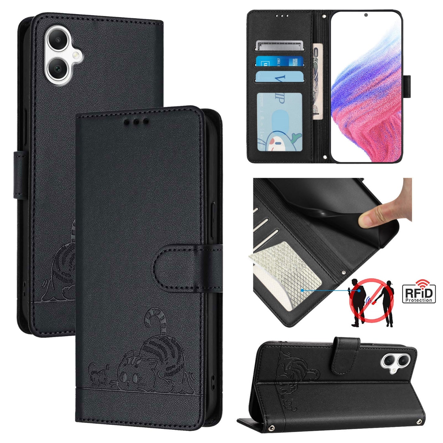 Samsung Galaxy A06 4G Cat and Mouse Embossed PU Leather RFID Case with Wallet Slots, Anti-Fall Protection, Kickstand, and Lanyard-buycases.co.uk