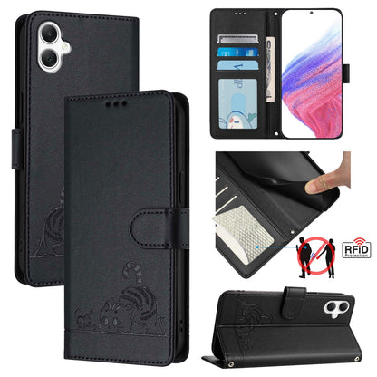 Samsung Galaxy A06 4G Cat and Mouse Embossed PU Leather RFID Case with Wallet Slots, Anti-Fall Protection, Kickstand, and Lanyard-buycases.co.uk